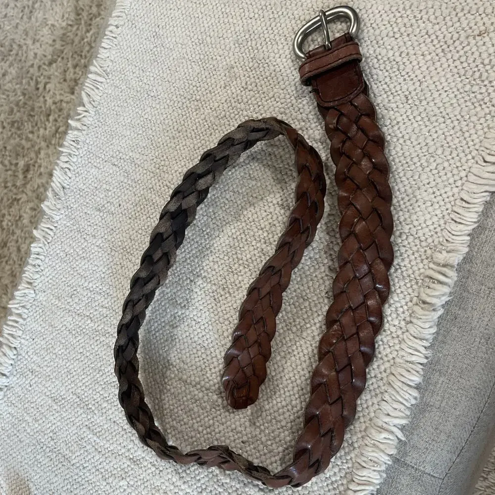 American Eagle Mens Belt Braided Leather Basketweave Brown Silver Buckle XS-S